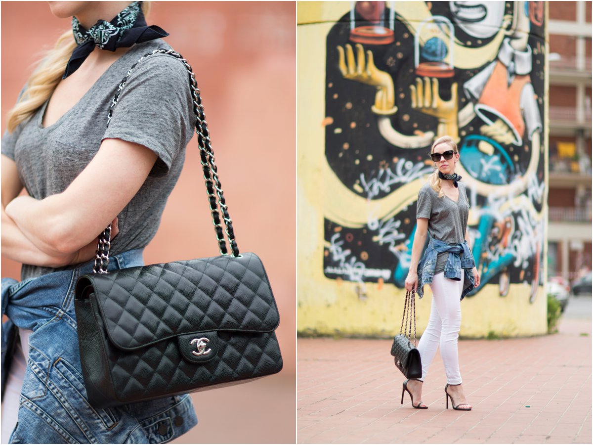 Utility jacket outfit for spring with denim skirt and Chanel Jumbo classic  flap bag black caviar silver hardware - Meagan's Moda