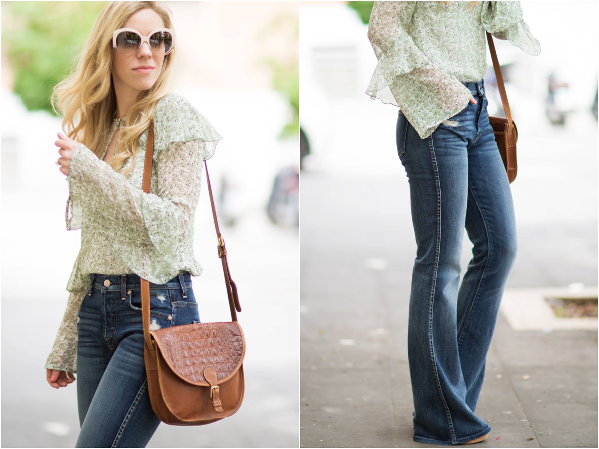 Ruffle Sleeves: Floral print blouse, High waist jeans & Vintage saddlebag }  - Meagan's Moda