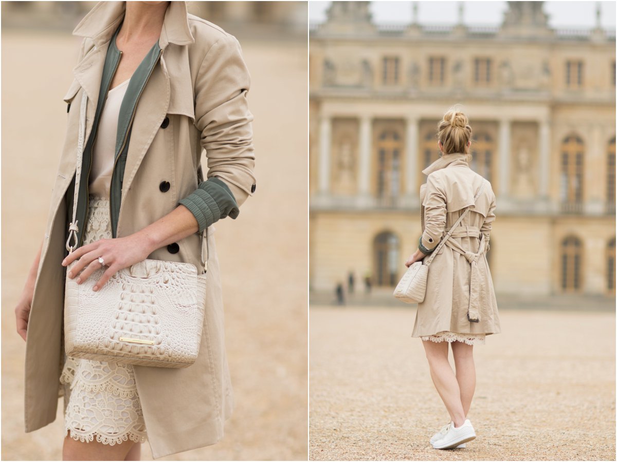 Brahmin Carrie crossbody linen melbourne how to layer underneath a trench coat khaki trench coat with lace pencil skirt what to wear in Paris France Meagan s Moda