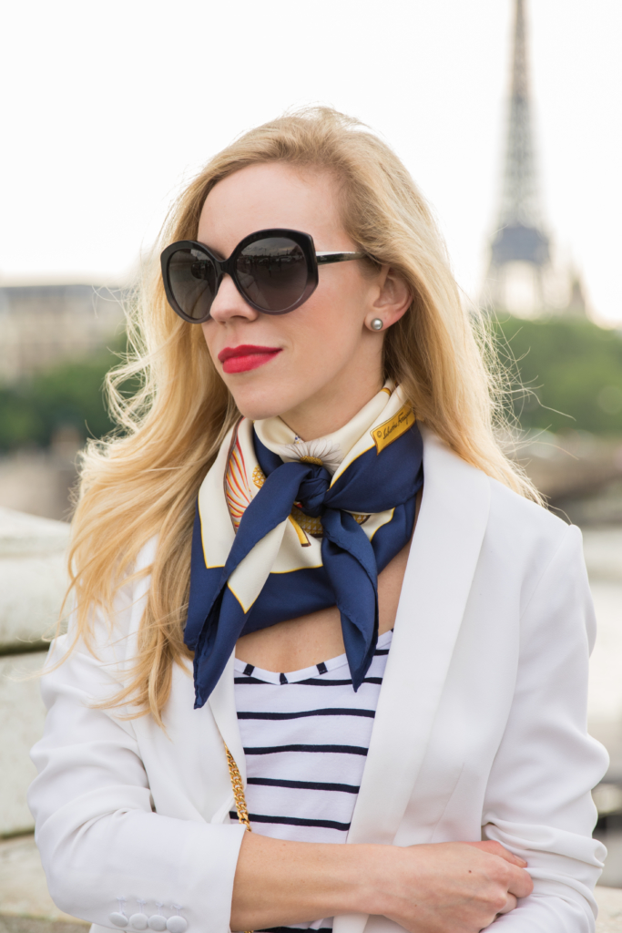 { French Style: White blazer, Silk scarf & Wide leg pants } - Meagan's Moda