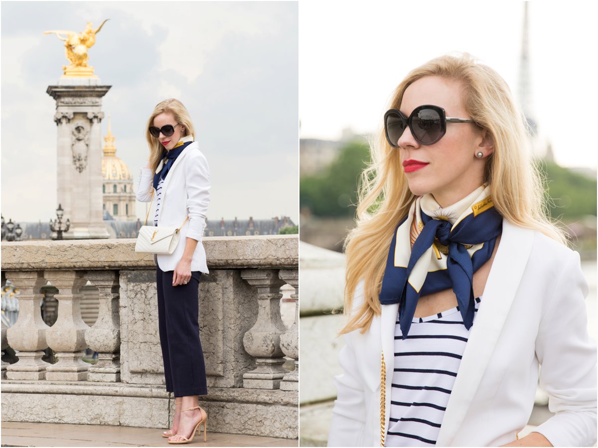 H&M white blazer with striped tank, Ferragamo silk scarf, how to tie a silk scarf ...