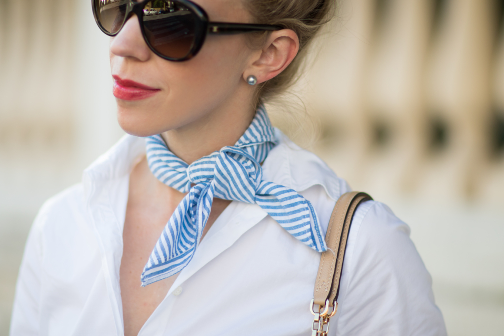 { Striped Touch: Button-down tunic, Bandana scarf & Crop flare jeans ...