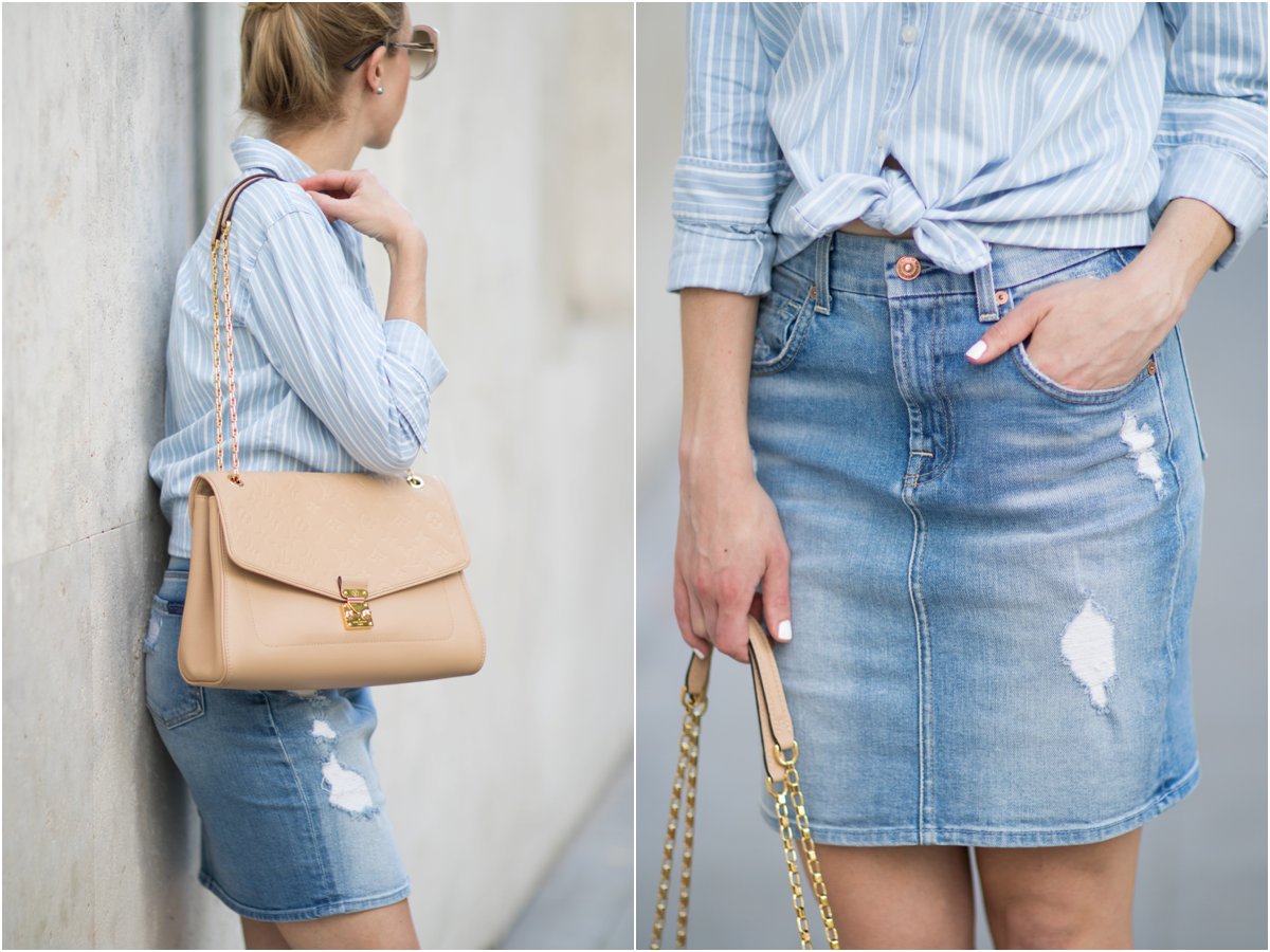 white denim skirt outfit with striped sweater louis vuitton graceful mm  YESMISSY - YesMissy