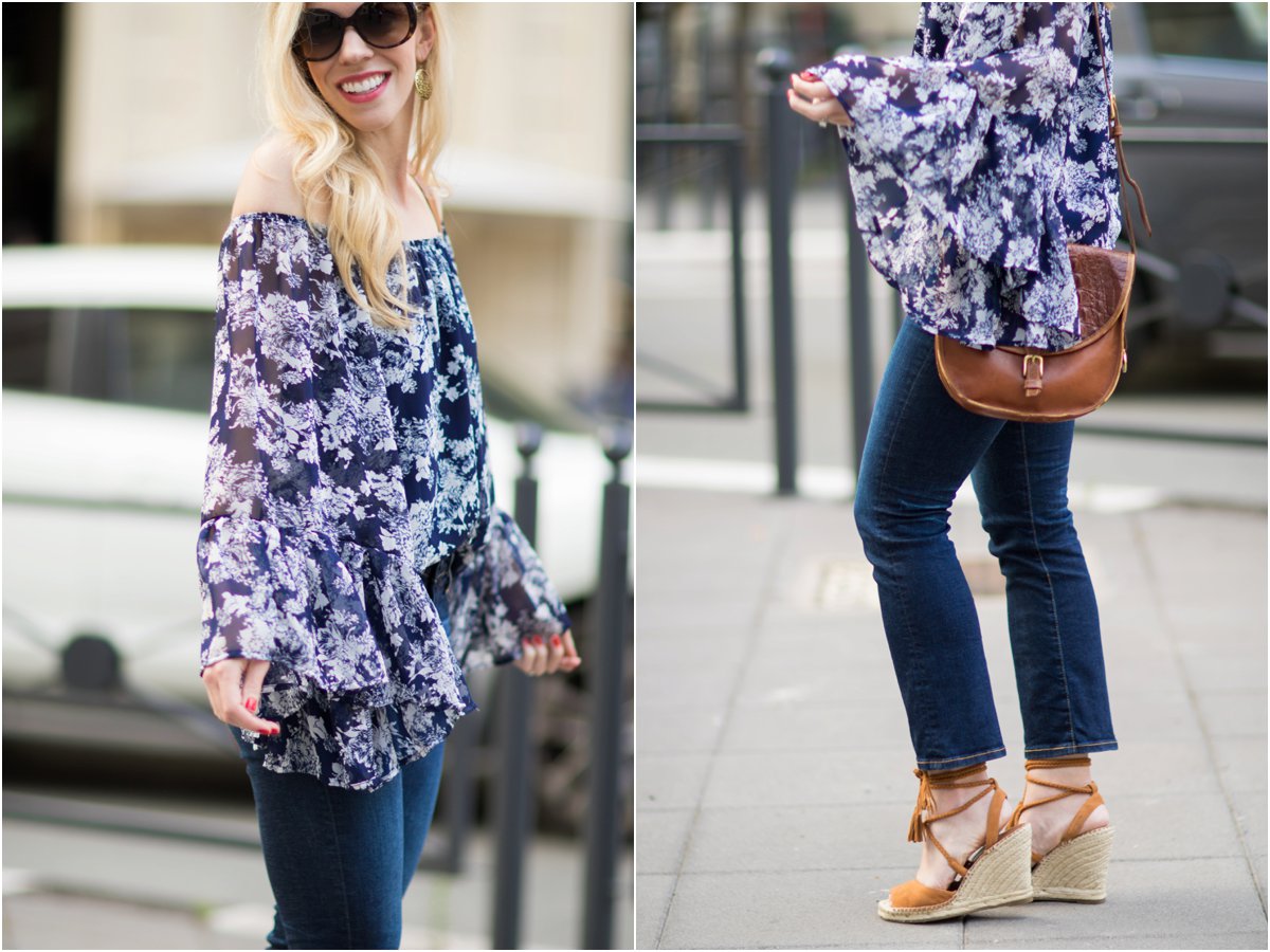 blue and white floral off the shoulder top, AG Jeans Jodi crop