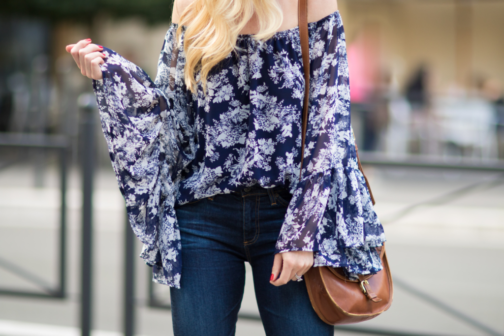 blue and white floral off the shoulder top, AG Jeans Jodi crop