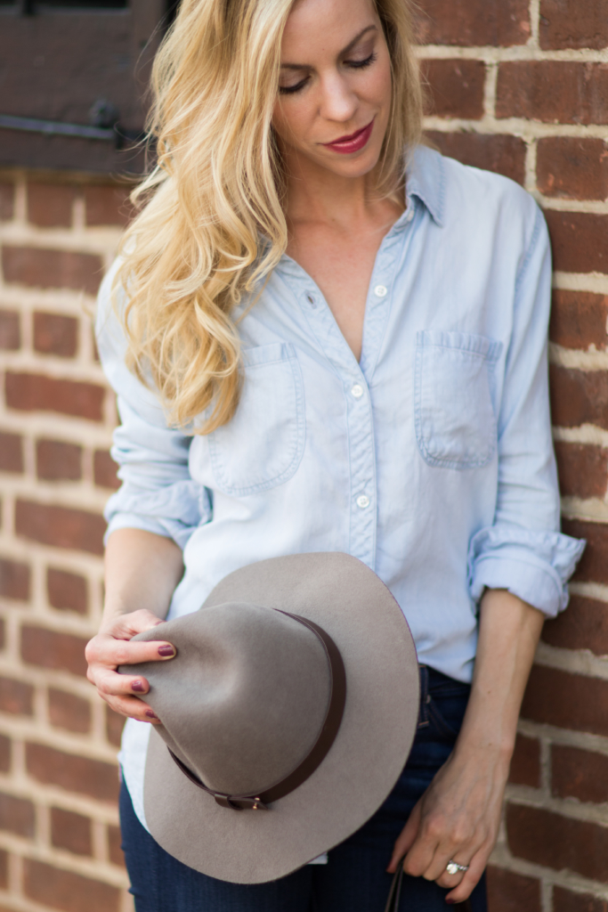 H&M gray wool fedora, Rails LA Carter chambray shirt