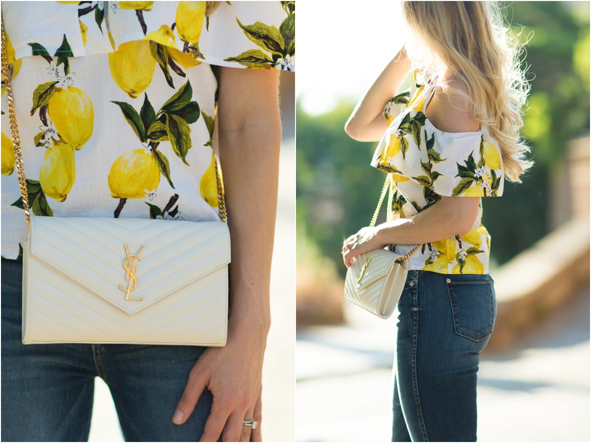 blue and white striped shirt dress, YSL white monogram chain wallet clutch, shirt  dress with straw hat outfit - Meagan's Moda