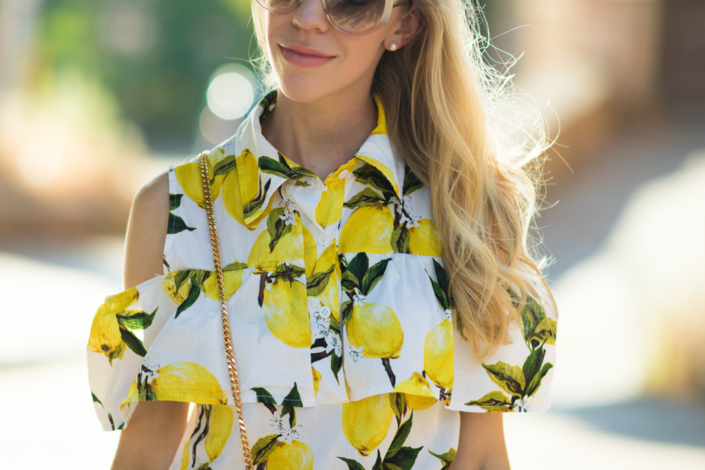 SheIn cold shoulder lemon print button up top, Clinique 'Melon Pop' lipstick