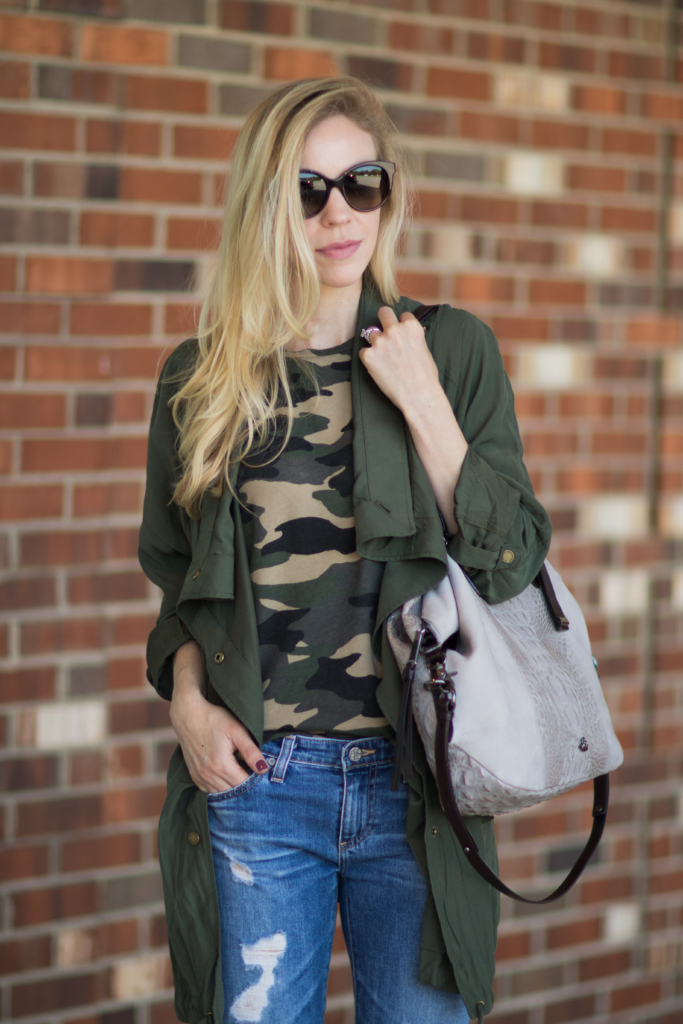 Olive Camouflage Shirt Jacket with White Leather Low Top Sneakers