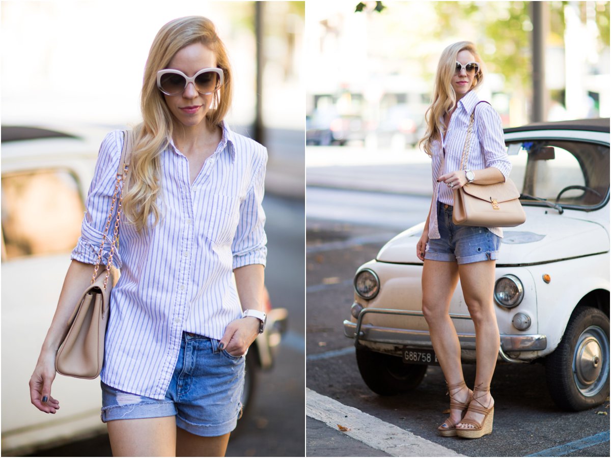 Throwback Stripes: Button-down shirt, Denim shorts & Wedge sandals