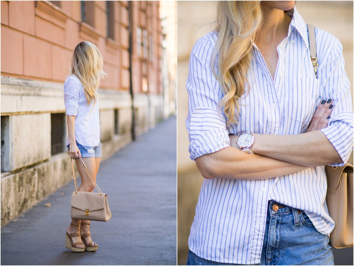 classic striped button down shirt with denim shorts, Louis Vuitton St.  Germain monogram bag, Stuart Weitzman 'Abandon' lace-up sandals, fashion  blogger Rome Italy - Meagan's Moda