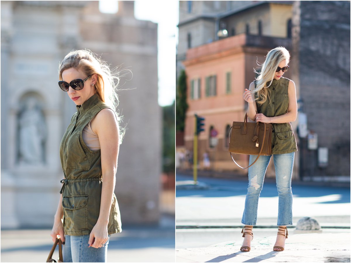 olive utility vest with gray tee and denim cutoff shorts, vintage Louis  Vuitton 'Passy' shoulder bag, utility vest outfit for fall - Meagan's Moda