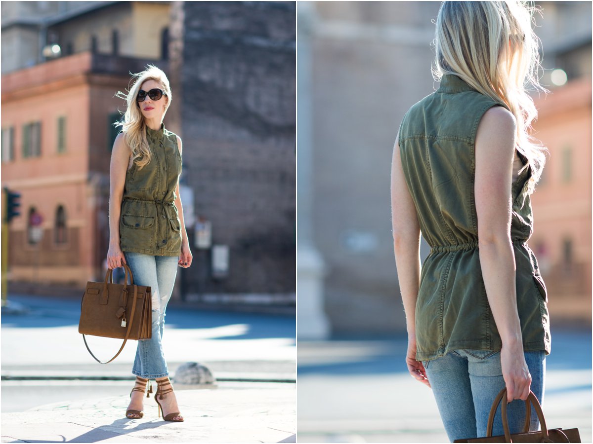 olive utility vest with gray tee and denim cutoff shorts, vintage Louis  Vuitton 'Passy' shoulder bag, utility vest outfit for fall - Meagan's Moda