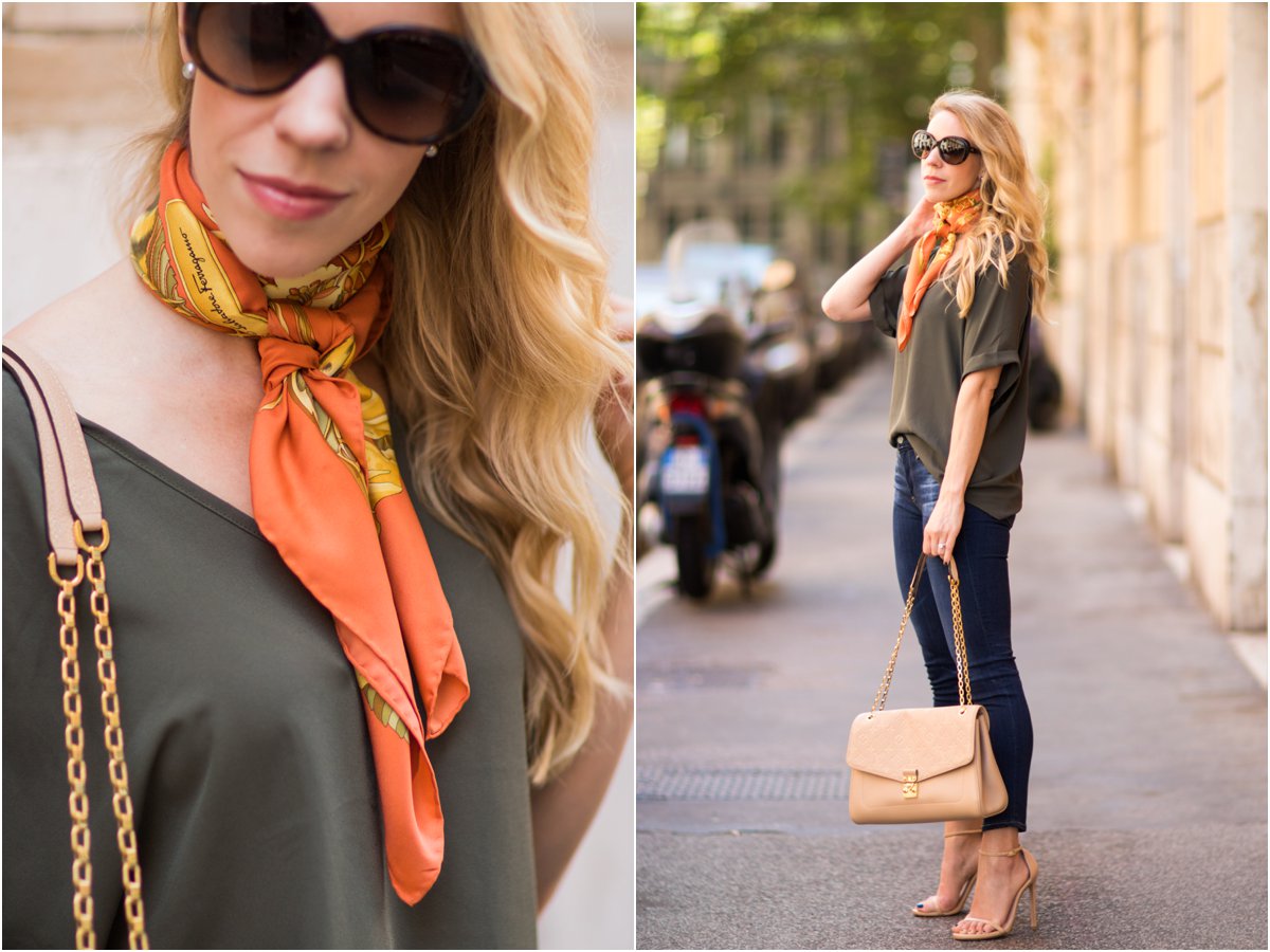 Vintage Accent: Olive tee, Silk scarf & Cropped denim } - Meagan's