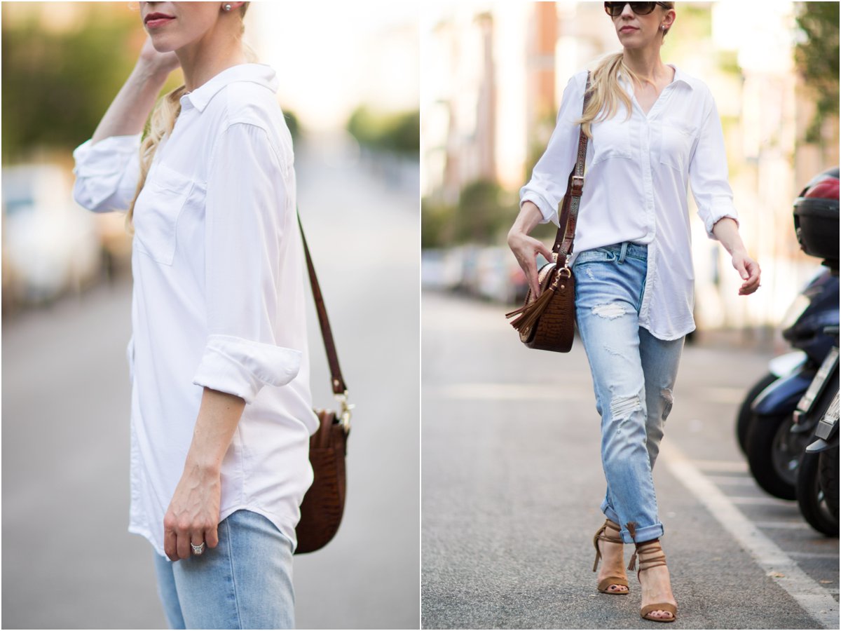 how to dress up a white button down with boyfriend jeans and Christian  Louboutin pumps, Prada Esplanade City tote bag - Meagan's Moda