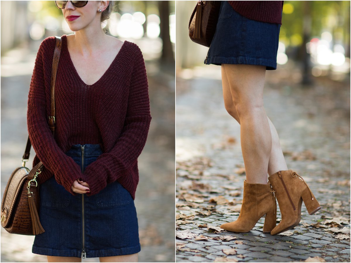 express burgundy sweater madewell zip front denim mini skirt kristin cavallari siren suede block heel booties Meagan s Moda