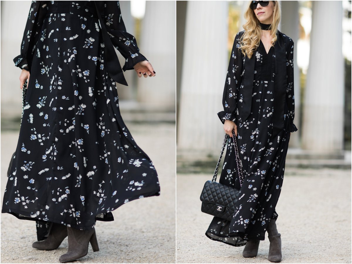 floral maxi dress with black skinny scarf maxi dress with tall suede boots fall outfit how to wear a maxi dress with boots for winter Meagan s Moda