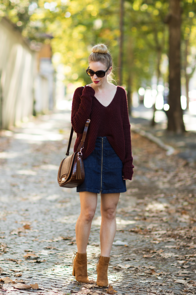 jean skirt fall outfit