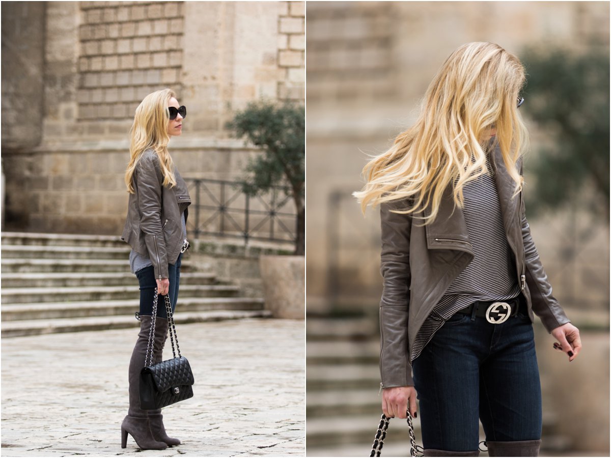 gray-leather-jacket-with-gucci-logo-belt-and-over-the-knee-boots-what-to-wear-with-a-gray-leather-jacket