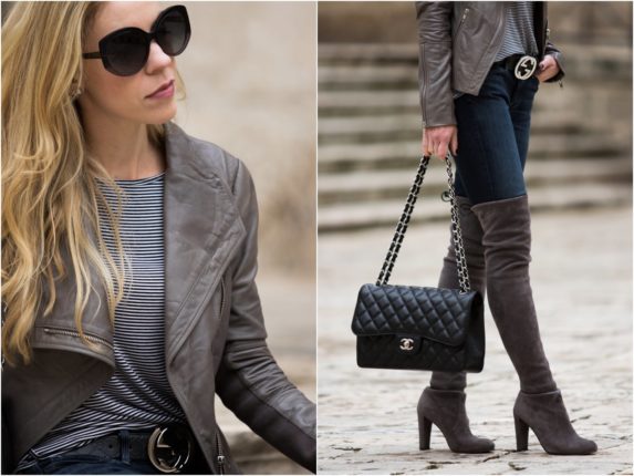 { Gray Leather in Monopoli: Moto Jacket, Striped Tee & Over-the-Knee ...