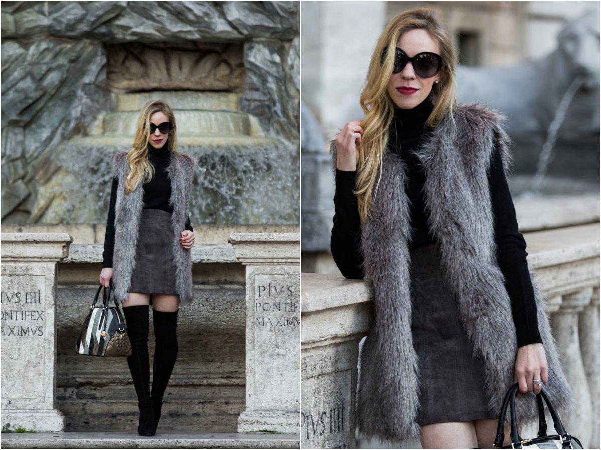 Holiday Texture: Faux Fur Vest, Suede Mini Skirt & Over-the-Knee