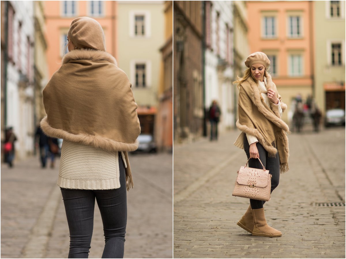 max-mara-fur-trim-fringe-camel-wrap-how-to-wear-ugg-boots-and-look-chic-winter-neutral-outfit-with-pink-handbag