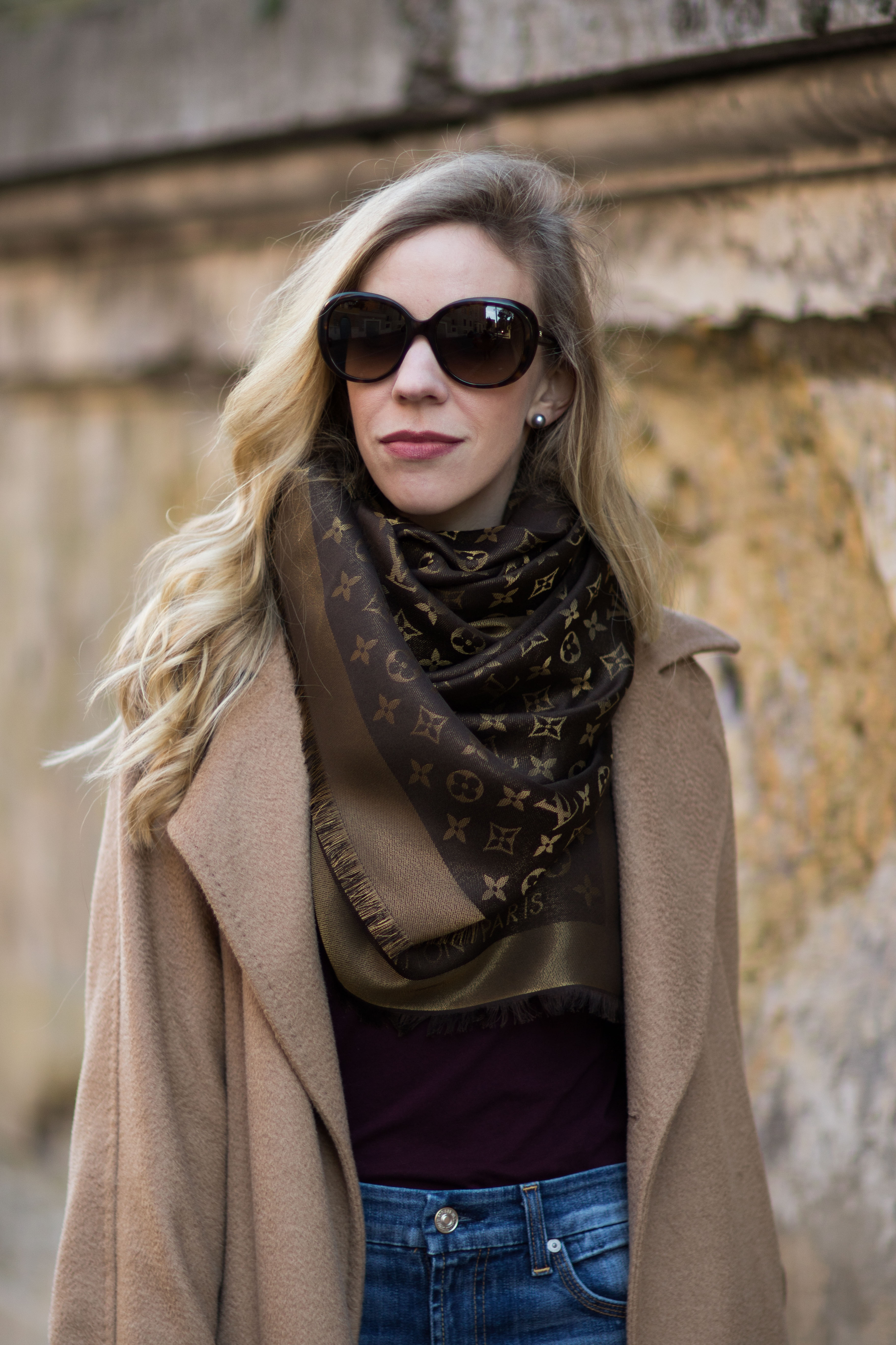 fashion-blogger-wearing-camel-coat-and-brown-louis-vuitton-shine-shawl- monogram-scarf - Meagan's Moda