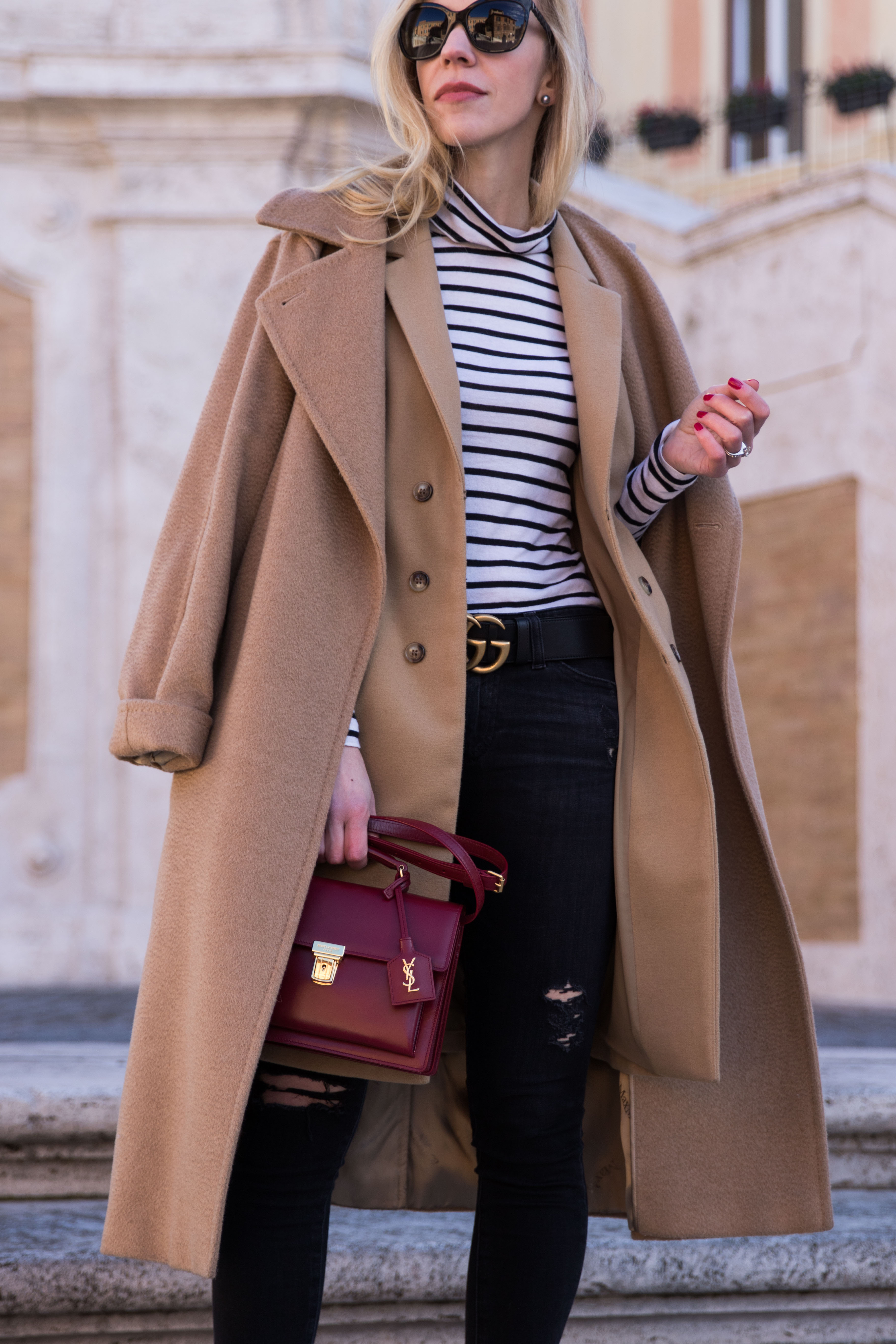 Chic layered fall outfit idea with camel sweater, black denim skirt and  Louis Vuitton brown monogram shine shawl scarf - Meagan's Moda