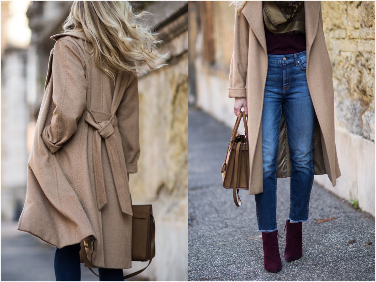 Max Mara Manuela camel coat outfit with Gucci Marmont logo belt, black  straight leg jeans and pointy toe leather sock boots - Meagan's Moda