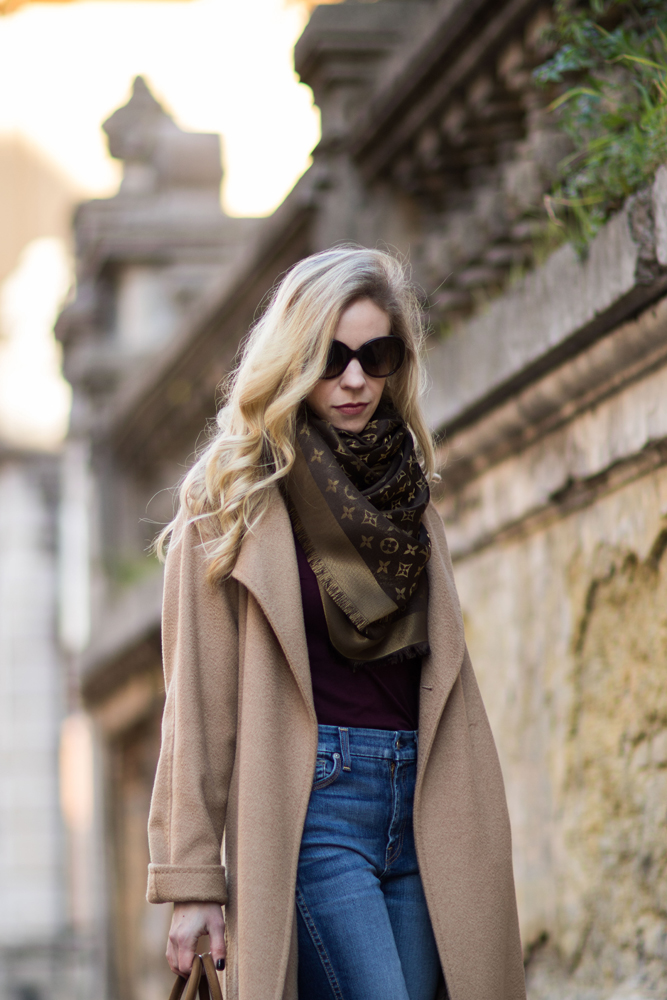 max-mara-camel-coat-louis-vuitton-brown-and-gold-shine-shawl-scarf