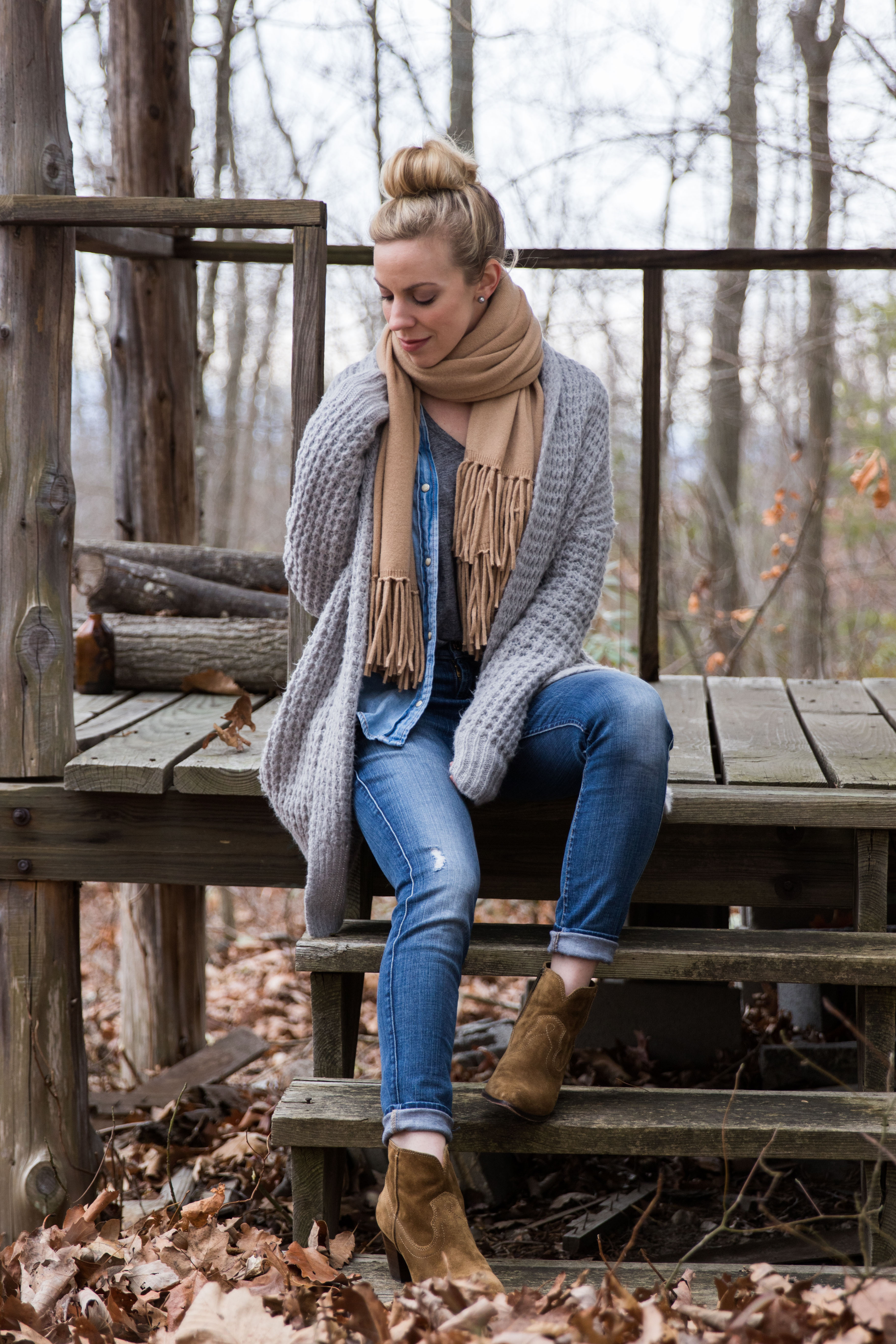 Meagan Brandon fashion blogger of Meagan's Moda wears Madewell camel  sweater coat over denim shirt and Louis Vuitton brown monogram scarf for  layered fall look - Meagan's Moda