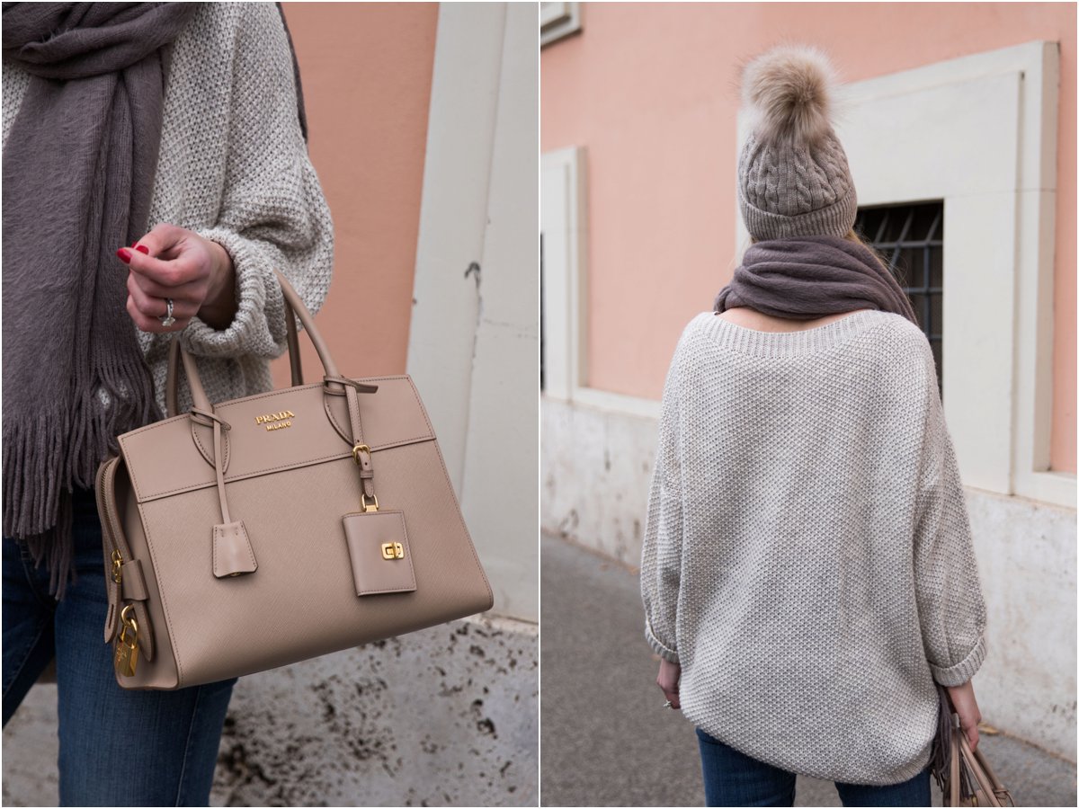 Prada Esplanade CIty tote Cameo nude leather, oversized sweater with gray  scarf and pom hat - Meagan's Moda