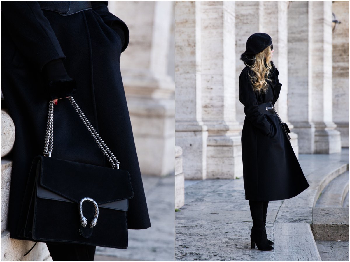 fashion blogger wearing Max Mara Lubiana cashmere wrap coat with Gucci suede Dionysus bag Meagan s Moda