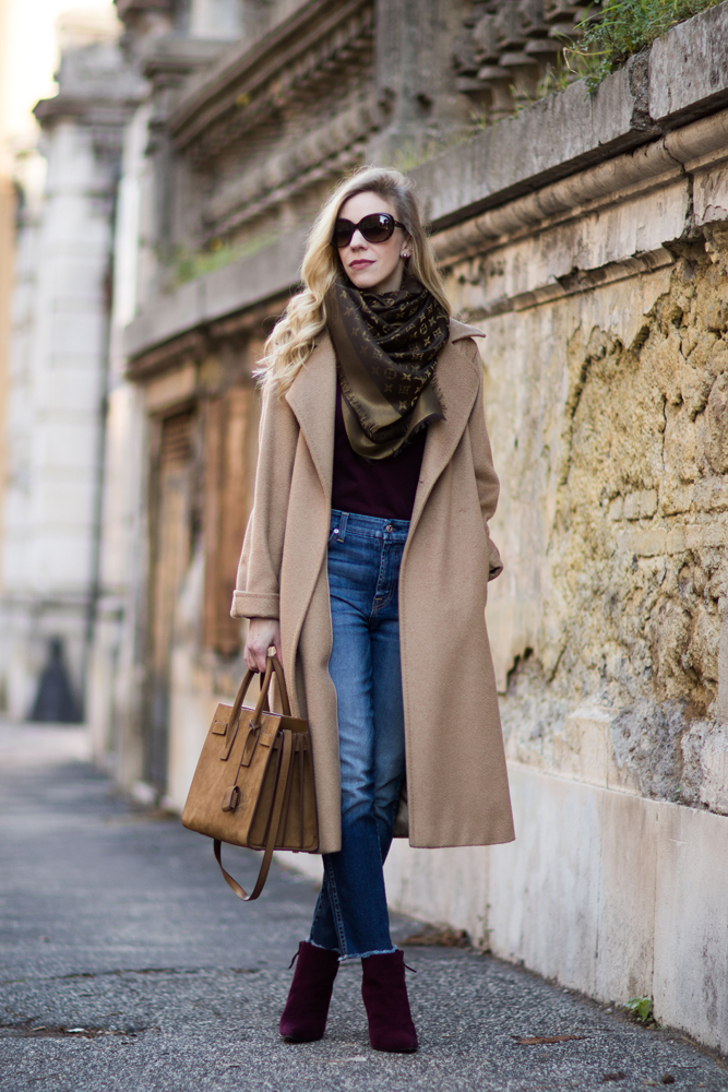 Chic layered fall outfit idea with camel sweater, black denim skirt and  Louis Vuitton brown monogram shine shawl scarf - Meagan's Moda