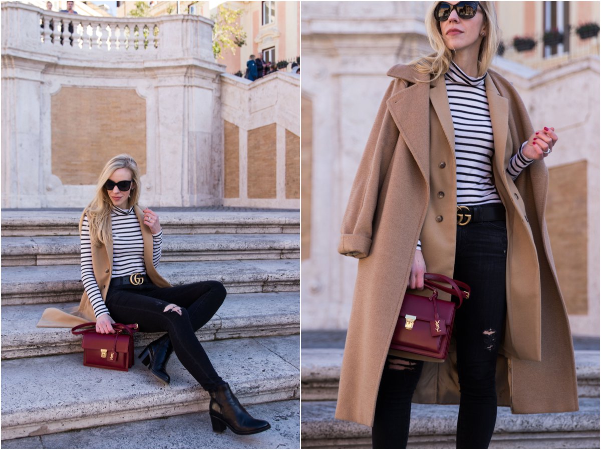 fashion blogger wearing Max Mara camel coat with vest, striped turtleneck and red Saint Laurent handbag, how to layer with a camel coat for winter