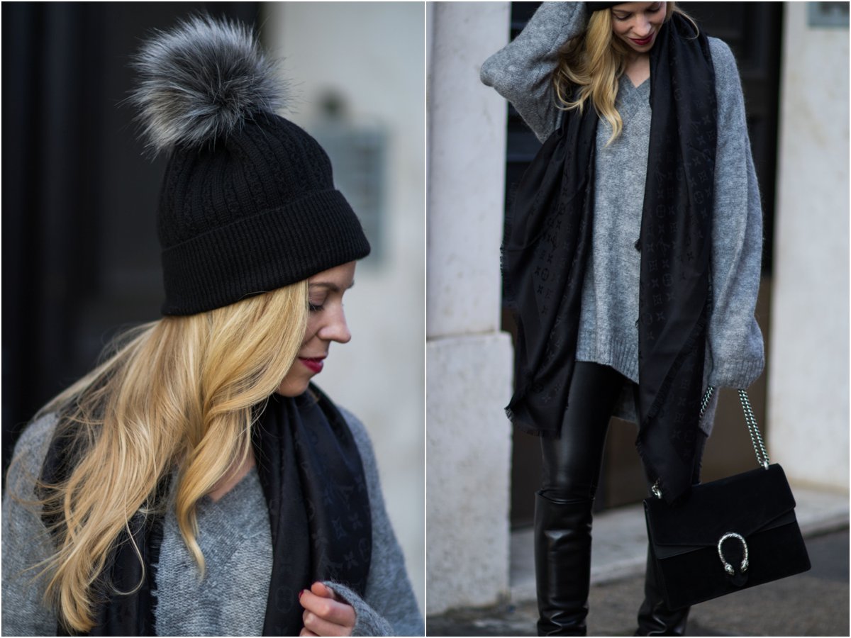 fashion-blogger-wearing-fur-pom-hat-beanie-and-louis-vuitton-monogram-scarf-with-oversized-sweater  - Meagan's Moda