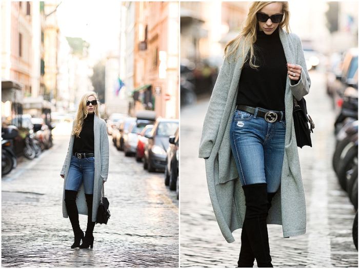 Rome Street Style Maxi Cardigan High Waist Jeans And Over The Knee Boots Meagans Moda 3819