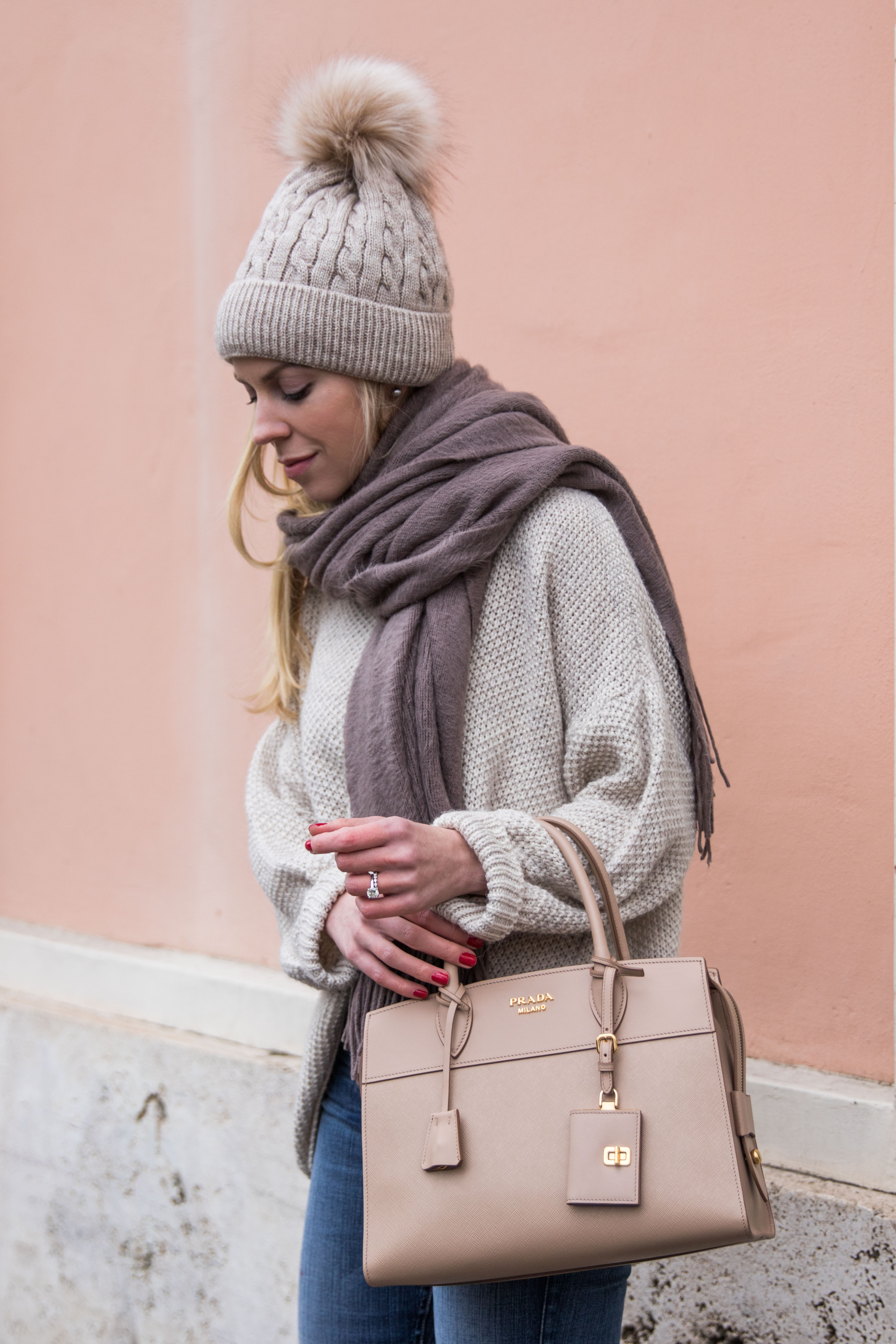 Louis Vuitton charcoal gray monogram shine shawl scarf with pink sweater  and gray jeans, Prada Esplanade City tote - Meagan's Moda