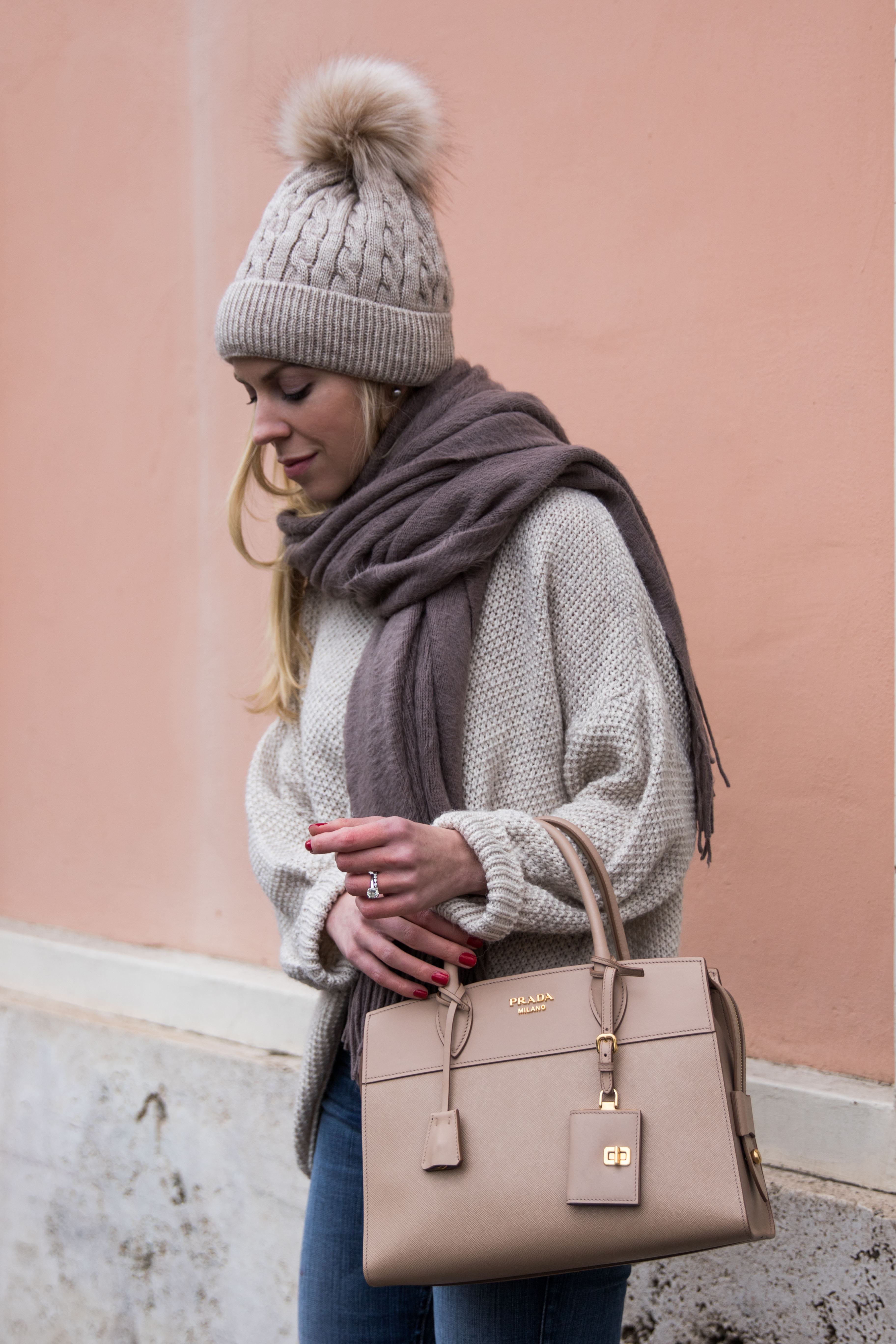oversized beige sweater with gray scarf and pom hat, Prada Esplanade City  tote cameo leather - Meagan's Moda