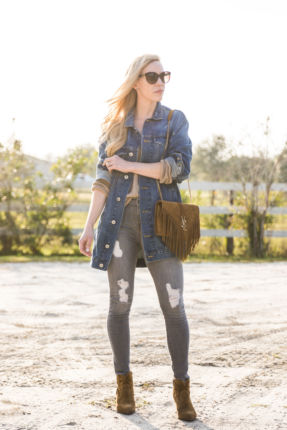 Country Casual: Long Denim Jacket, Gray Distressed Jeans & Suede Fringe ...