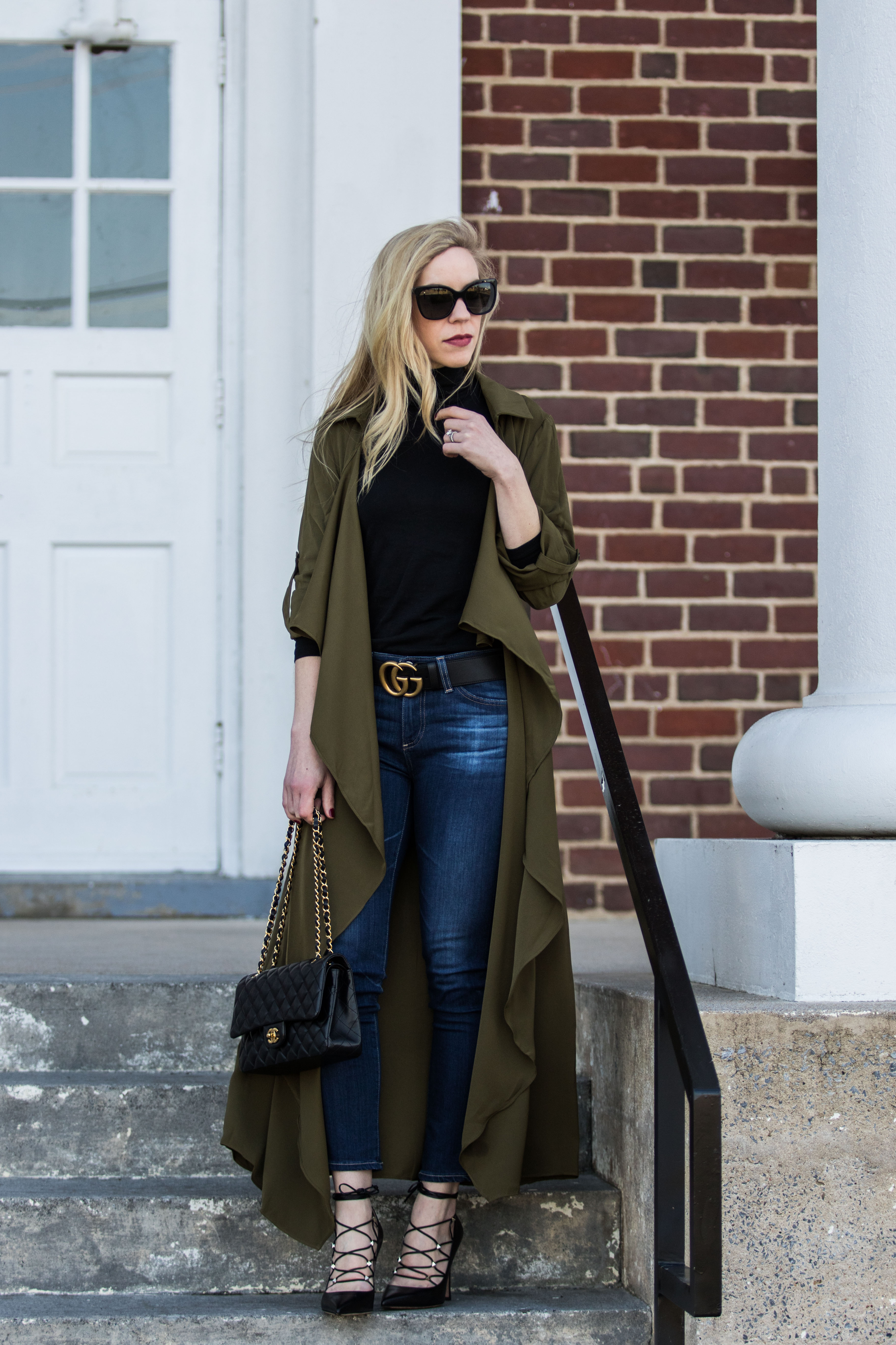 Meagan Brandon fashion blogger wearing olive utility duster jacket with  Gucci Marmont belt and Valentino Rockstud pumps, black and gold buckle  Gucci belt outfit - Meagan's Moda