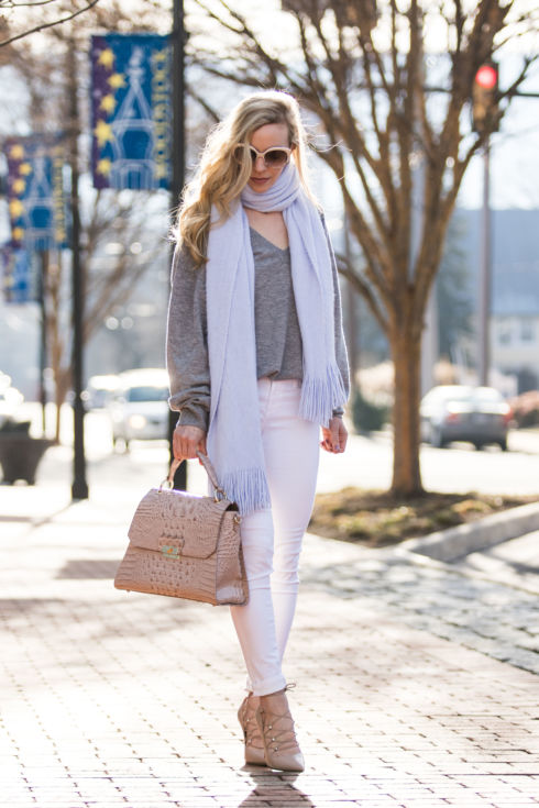 Soft Spring Layers: Light Blue Scarf, White Jeans & Blush Details ...