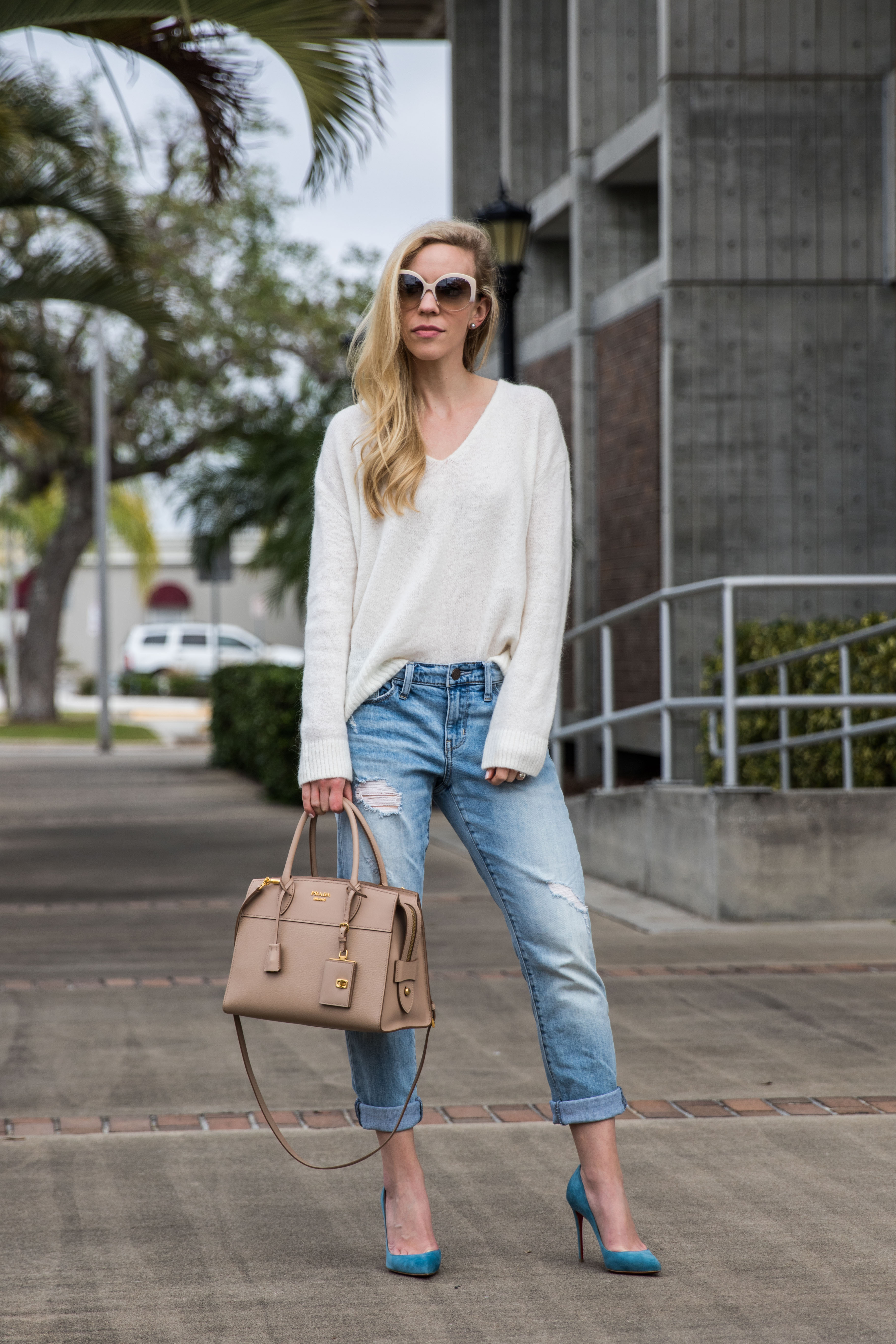 Spring Transition: Tie-Back Sweater, Boyfriend Jeans & Blue Suede Pumps ...