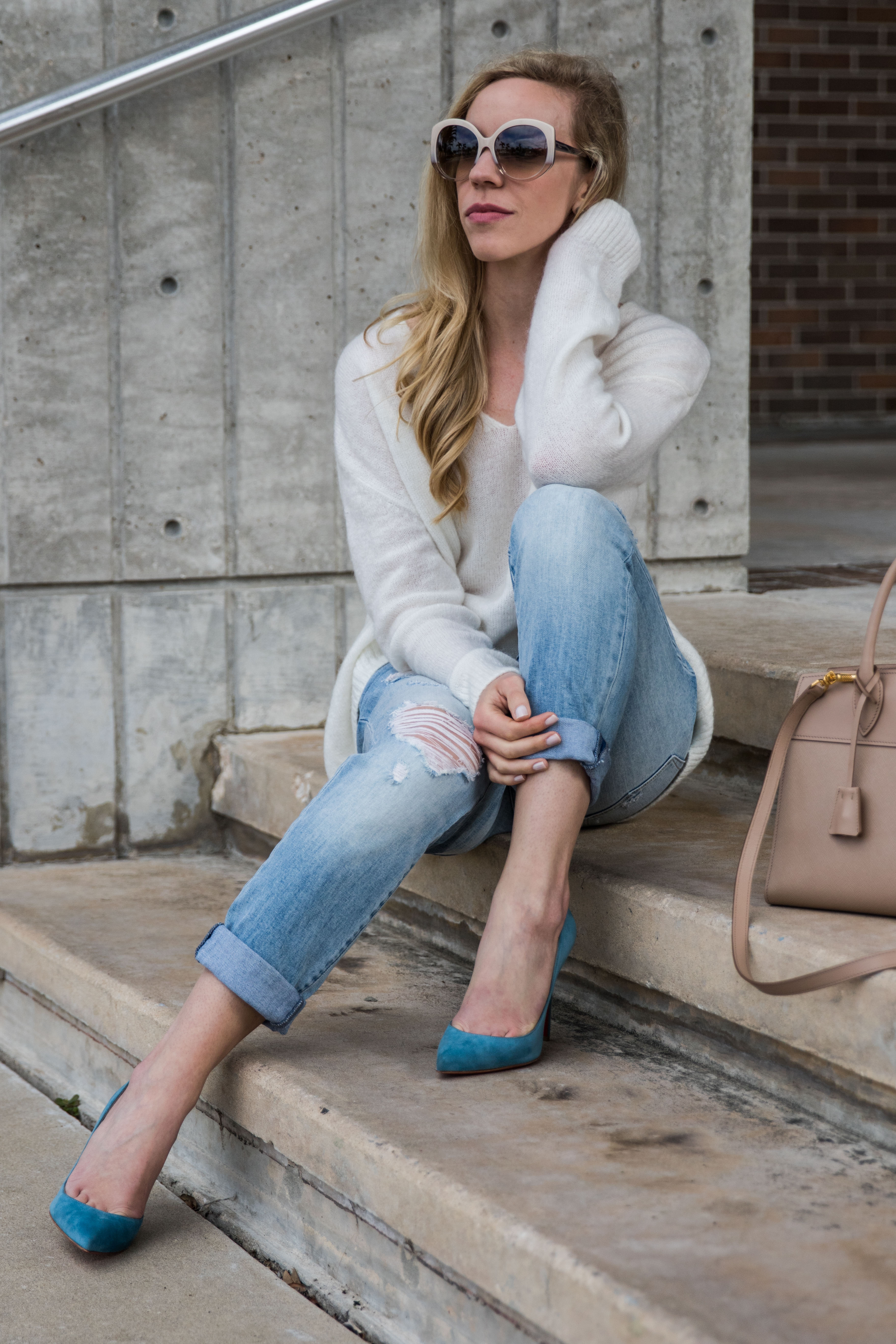 Spring Transition: Tie-Back Sweater, Boyfriend Jeans & Blue Suede Pumps