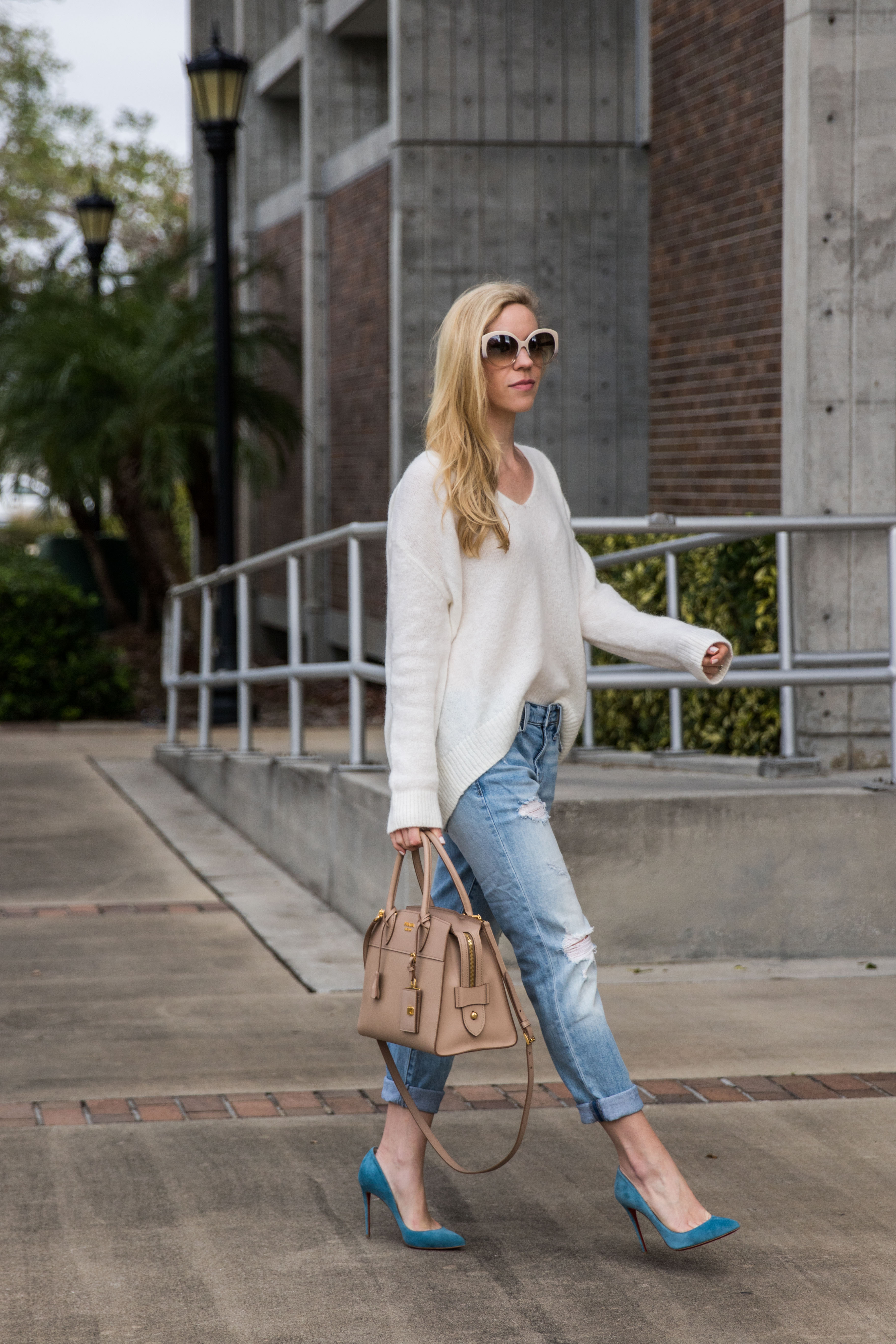 how to dress up a white button down with boyfriend jeans and Christian  Louboutin pumps, Prada Esplanade City tote bag - Meagan's Moda