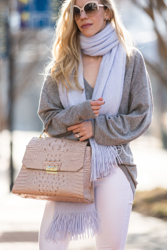 light blue scarf with oversized gray sweater and white jeans spring outfit,  Brahmin Brinley satchel silk melbourne, Dior oversized white sunglasses -  Meagan's Moda