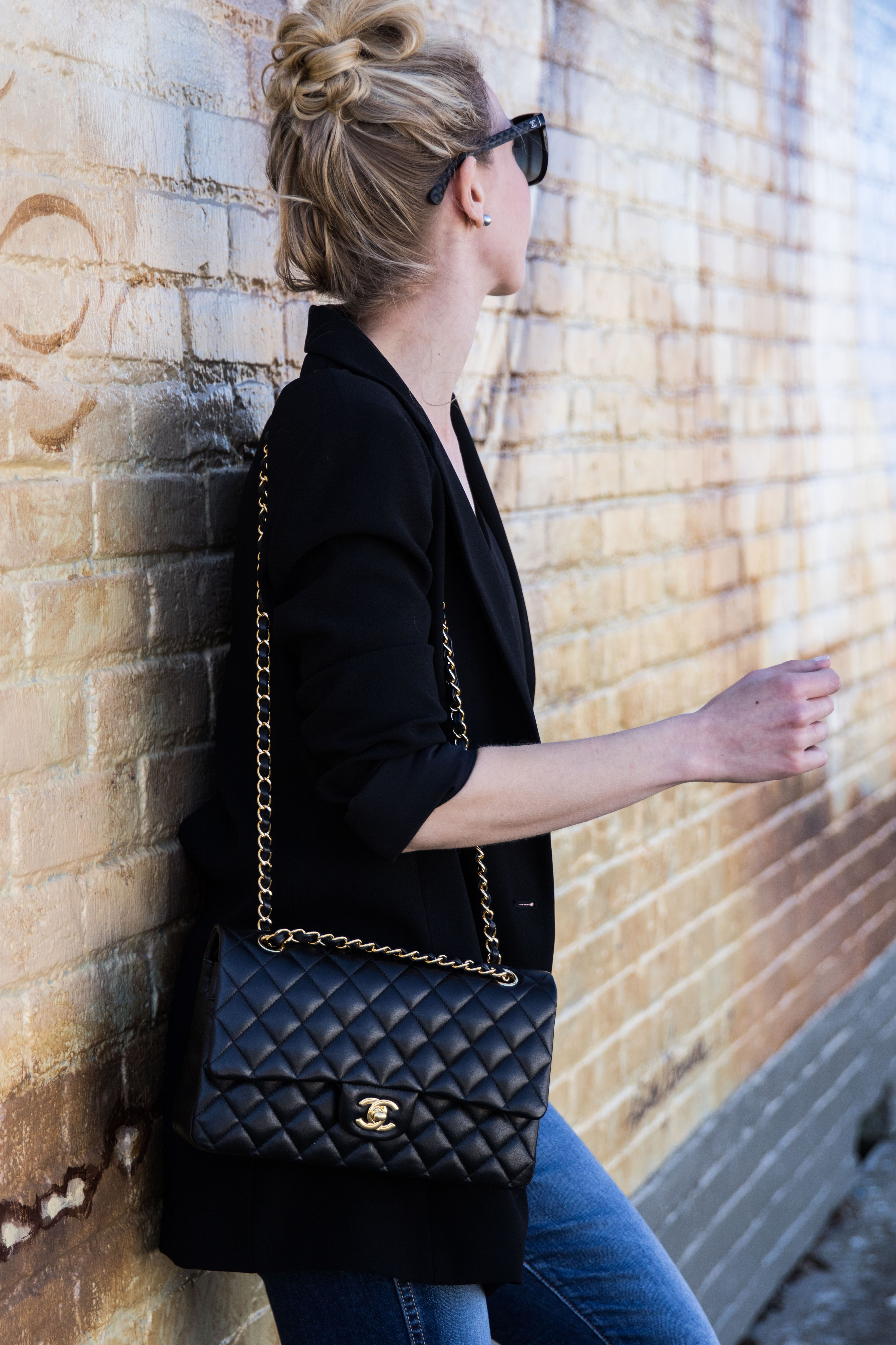 long black blazer with Chanel medium classic flap bag black