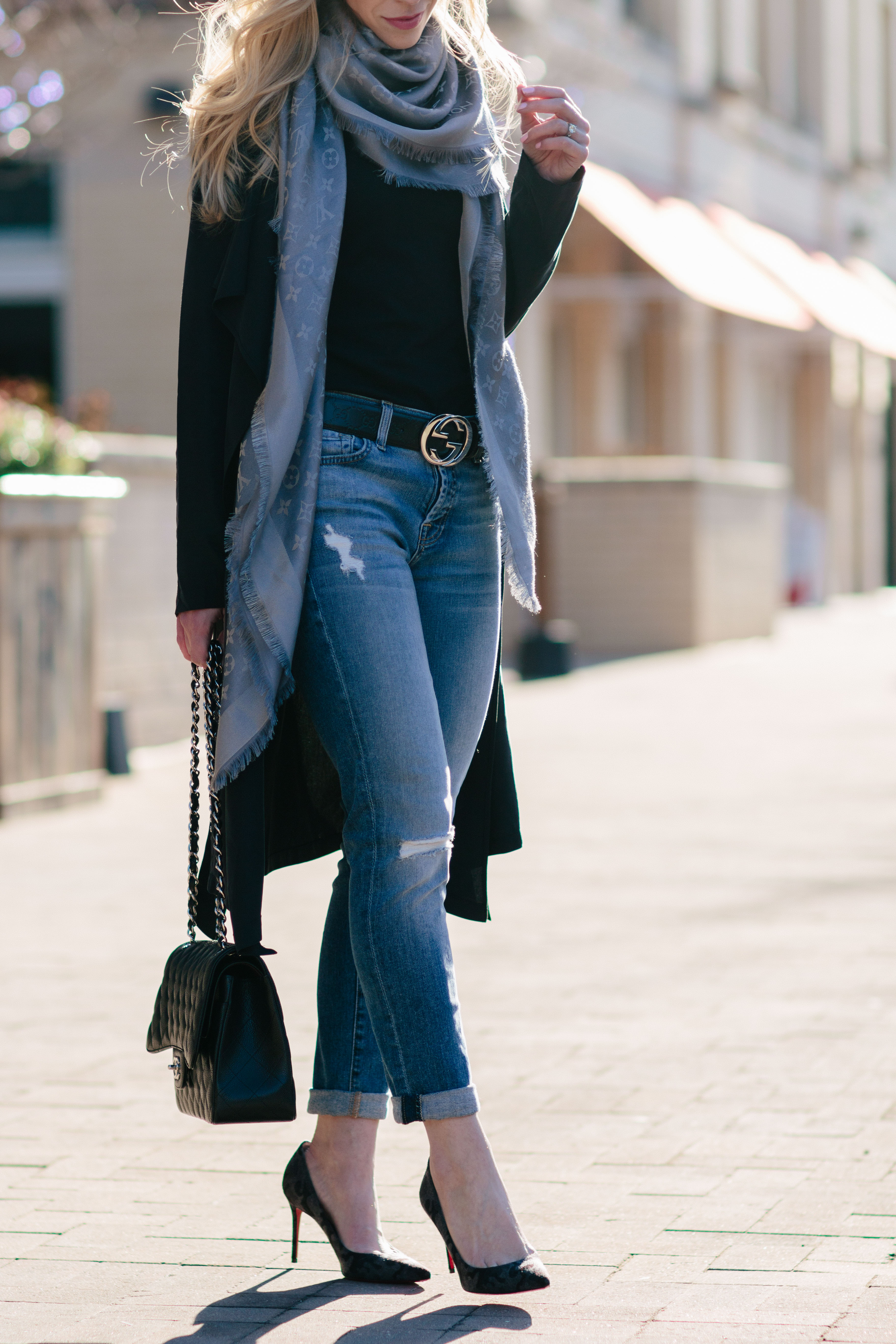 Meagan Brandon fashion blogger wearing gray Louis Vuitton scarf, Gucci  monogram belt and 7 for all mankind boyfriend jeans - Meagan's Moda