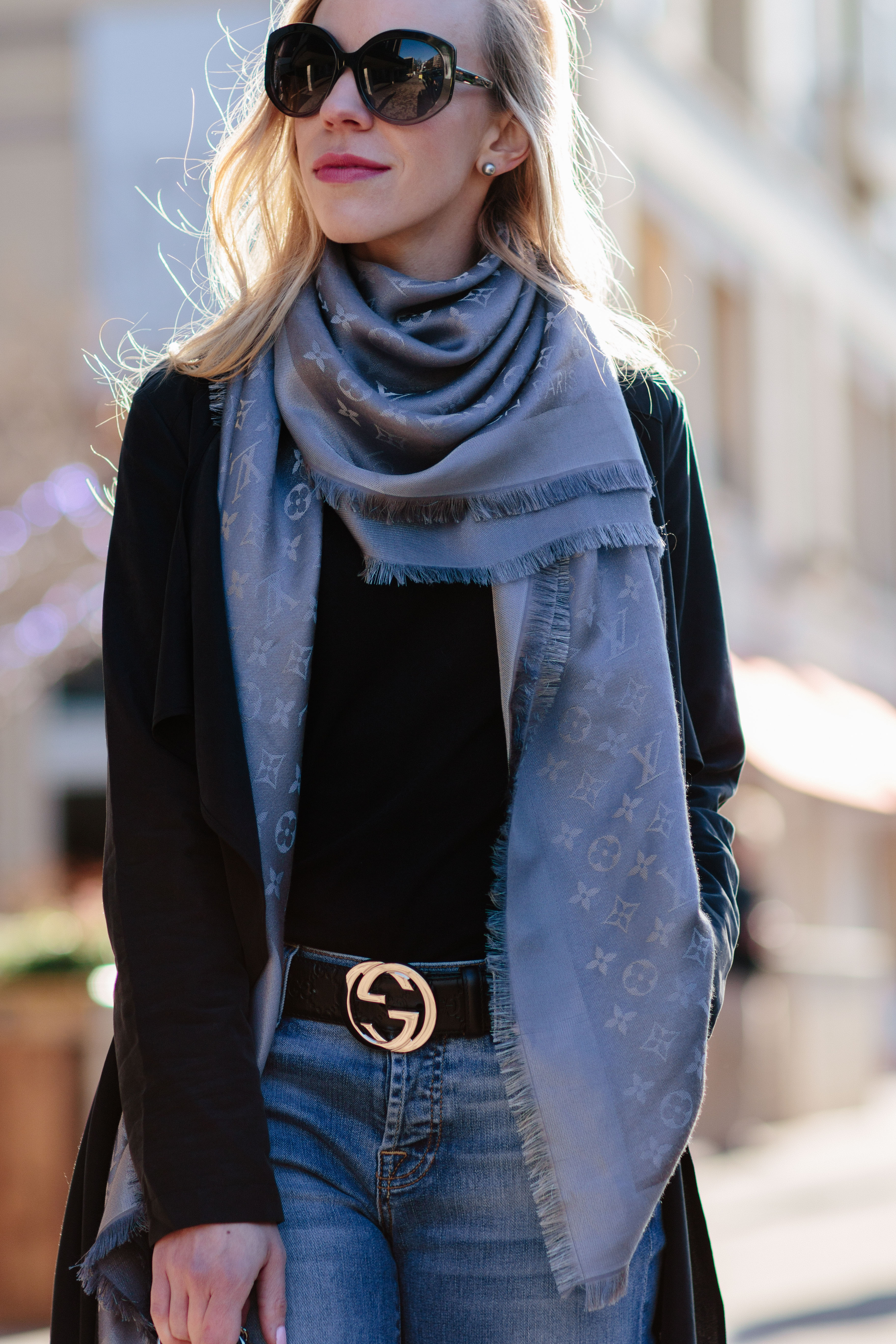 Louis Vuitton charcoal gray monogram shine shawl scarf, Gucci black  embossed leather belt with silver monogram buckle - Meagan's Moda