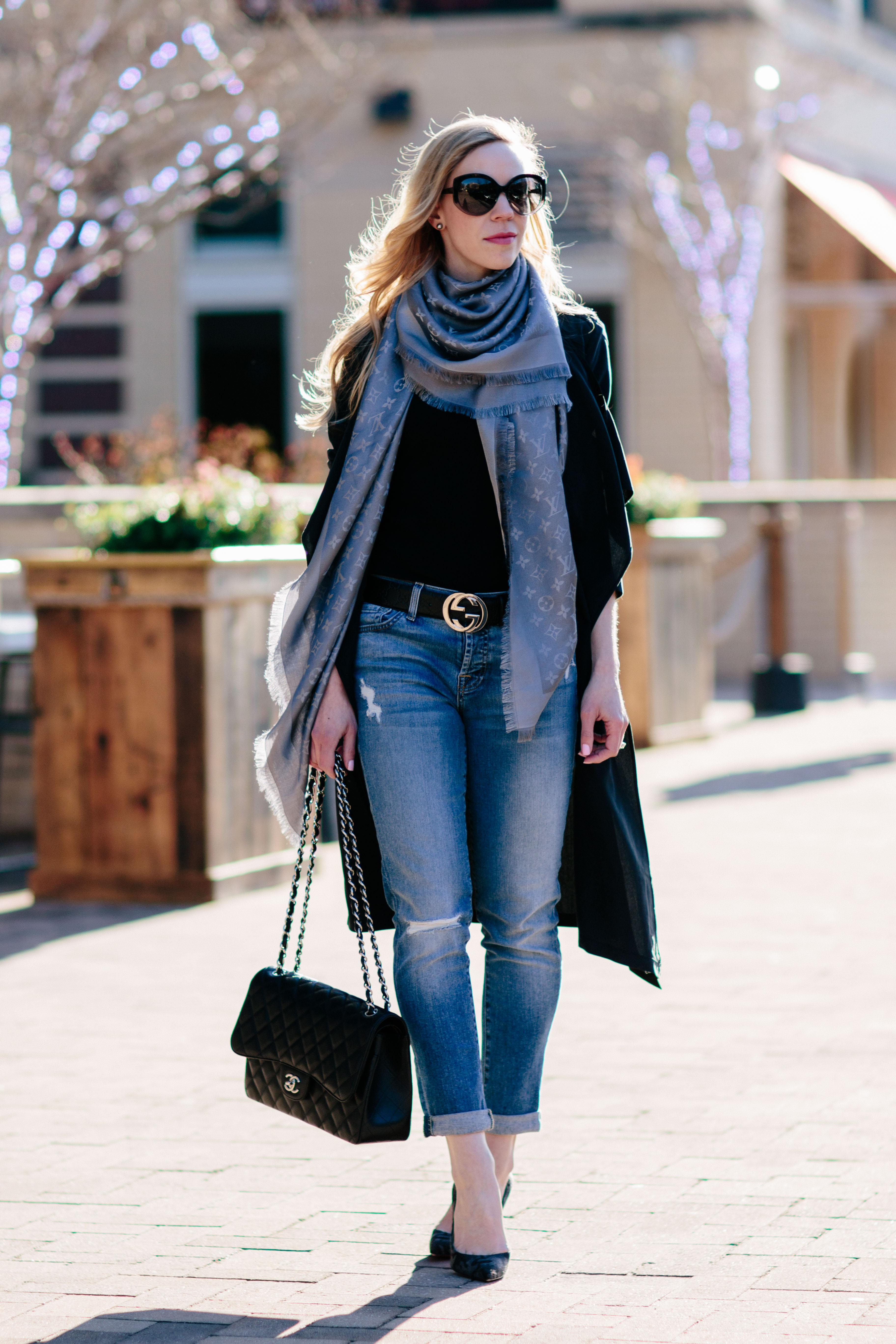 Meagan Brandon fashion blogger of Meagan's Moda wears oversized gray tunic  sweater with Louis Vuitton scarf, how to wear LV scarf - Meagan's Moda